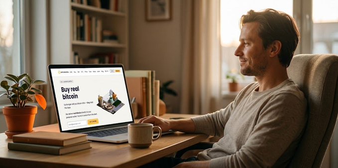 A man sits at a desk looking at a laptop displaying 'Buy real bitcoin' on the screen.