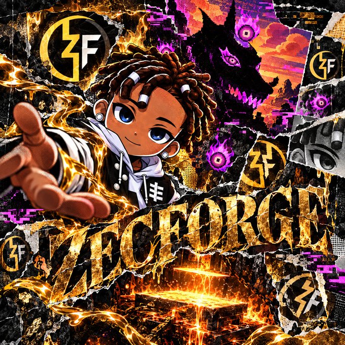 A vibrant, chaotic artwork featuring a cartoon character with dreadlocks reaching forward, surrounded by fiery orange effects, purple glitchy graphics, and a wolf silhouette, with the word "NACHRGEI" in stylized golden letters and "ZF" lightning bolt logos.