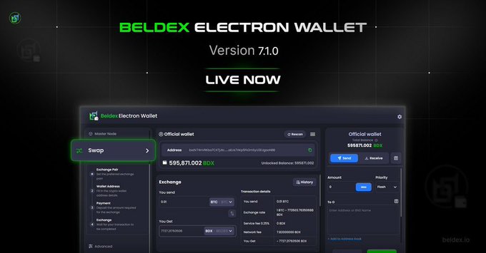 A promotional image for "Beldex Electron Wallet" Version 7.1.0, displaying "LIVE NOW" in green text above screenshots of the wallet interface, showing a swap function and an official wallet balance of 595,571.002 $BDX.