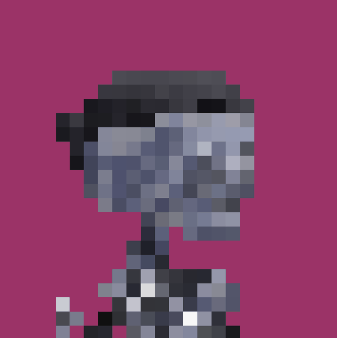 A heavily pixelated image showing an abstract figure with gray and dark tones against a solid magenta/pink background.