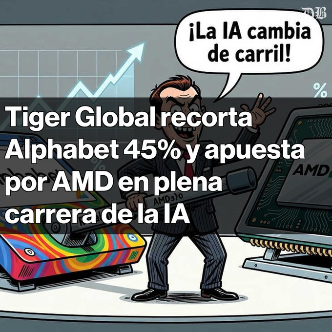 A Spanish-language news graphic featuring a cartoon businessman between tech illustrations, with text reading 'Tiger Global recorta Alphabet 45% y apuesta por AMD en plena carrera de la IA' and a speech bubble saying '¡La IA cambia de carril!'