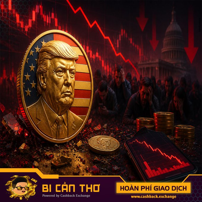 This dramatic image depicts the financial fallout of the $TRUMP memecoin, featuring a large gold coin with Donald Trump's likeness set against a background of crashing market graphs and distressed investors. The visual highlights the massive losses mentioned in the text, illustrating the volatility and impact of the memecoin's decline on retail investors.