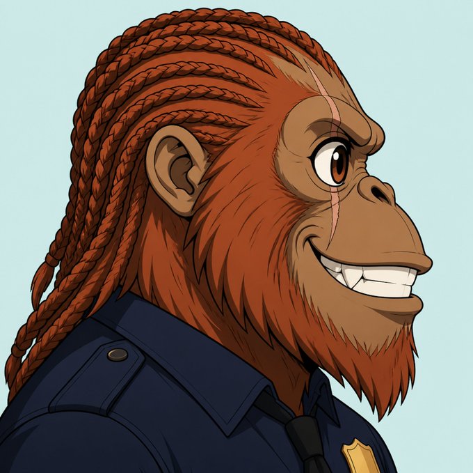 A profile illustration of a smiling orangutan with braided red hair, wearing a dark blue police uniform with a gold badge.