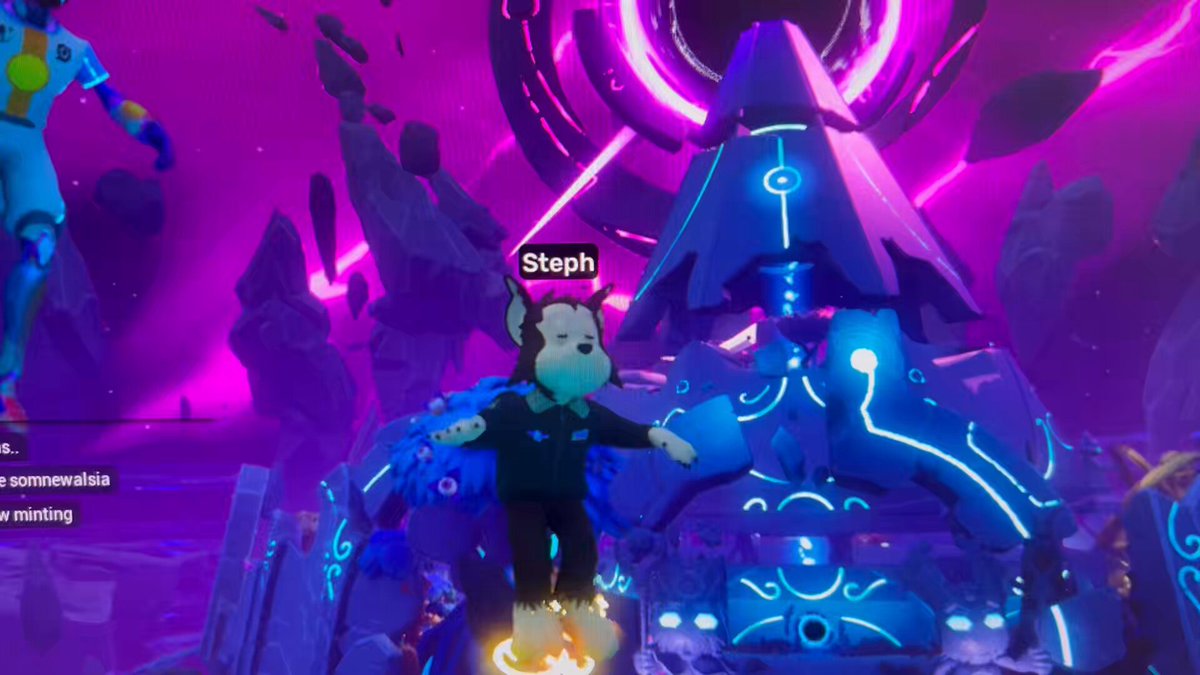 The image features a cartoon cat character standing in front of a blue structure with neon lights, surrounded by purple rocks. The caption for the image reads "Meowday #9 Thank you, @FelineSithLord @Smudgybox @saLstackz @FelineFiendz @ApeChainHUB @OthersideMeta". This post seems to be a fan-fiction or creative writing piece about the cartoon cat character.