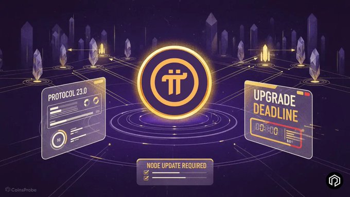 A futuristic digital illustration featuring a glowing Pi Network coin (π) surrounded by UI panels displaying 'PROTOCOL 23.0', 'UPGRADE DEADLINE 00:00', and 'NODE UPDATE REQUIRED', credited to CoinsProbe.