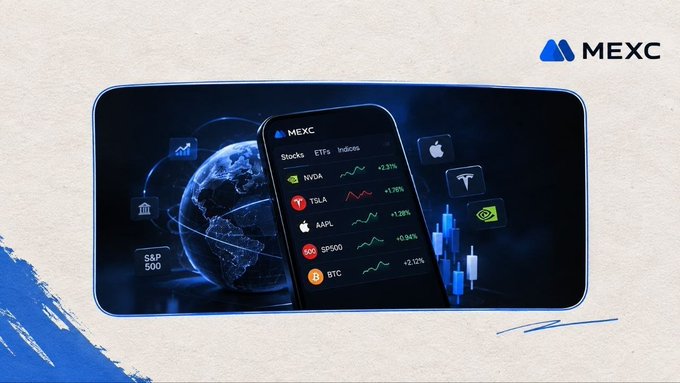 A MEXC promotional image showing a smartphone displaying stocks, ETFs, and indices (NVDA, TSLA, AAPL, SP500, BTC) with percentage changes, set against a blue globe backdrop.