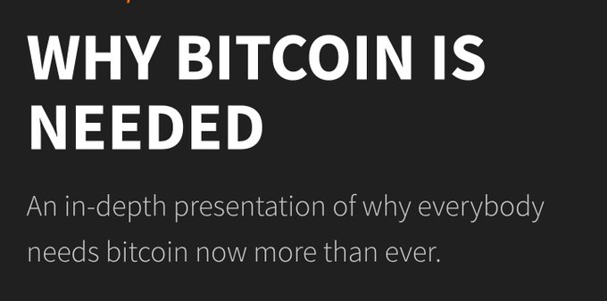 A title card with white text on a dark gray background reading 'WHY BITCOIN IS NEEDED', followed by a subtitle stating 'An in-depth presentation of why everybody needs bitcoin now more than ever.'