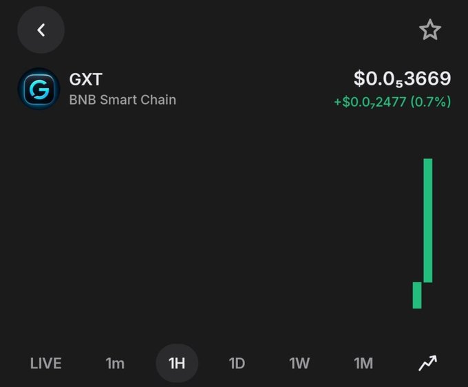 A cryptocurrency app displays GXT on BNB Smart Chain at $0.03669, showing a 0.7% gain (+$0.02477) over the past hour with a green price chart. This conflicts with the official community notice, which explicitly states that GXT has not been officially listed on any centralized or decentralized exchange, suggesting this listing is an unauthorized or fraudulent representation.