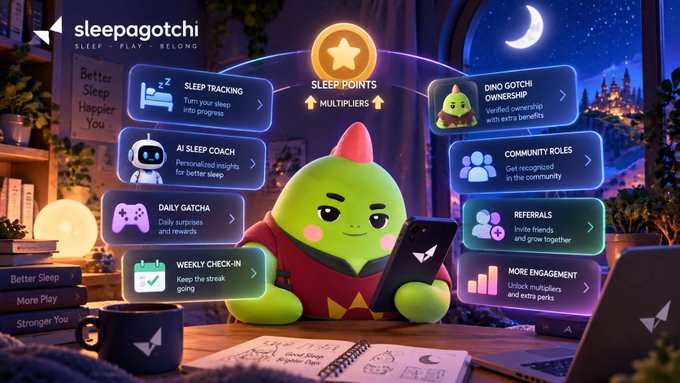 A Sleepagotchi promotional graphic featuring a green character with various app features like sleep tracking, AI sleep coach, daily gatcha, community roles, and referrals.