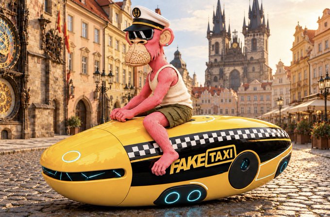 A pink monkey wearing a captain's hat and sunglasses sits atop a yellow futuristic taxi labeled 'FAKE TAXI' in a European-style city square.