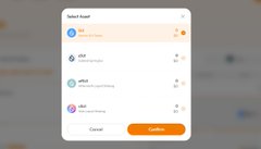 A small, blurry screenshot showing a 'Select Asset' pop-up menu with various cryptocurrency options and a 'Confirm' button at the bottom.