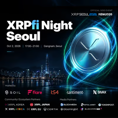 Promotional poster for 'XRPfi Night Seoul' on Oct 2, 2026, hosted by SOIL, Flare, t54, Santiment, and Swyftx, featuring the XRP cryptocurrency logo against a Seoul cityscape.