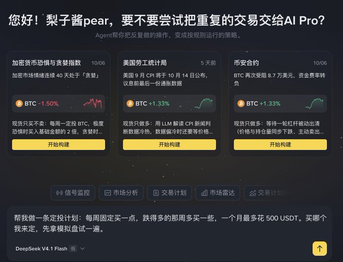 The screenshot shows a Binance AI Pro trading assistant interface with three strategy cards (BTC Greed/Fear Index, US Labor Statistics, and Perpetual Contracts) above a chat input where the user types a custom dollar-cost averaging strategy for BNB, requesting up to 500 USDT monthly with extra buys during dips via paper trading. The image visually demonstrates the post's claim that non-coders can describe a trading strategy in plain language and have the platform build the rule-based execution plan automatically.