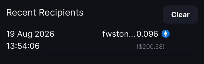 A "Recent Recipients" transaction history showing 0.096 ETH ($200.58) sent to "fwston..." on 19 Aug 2026 at 13:54:06, illustrating the $200 Ethereum transfer referenced in the congratulatory post.