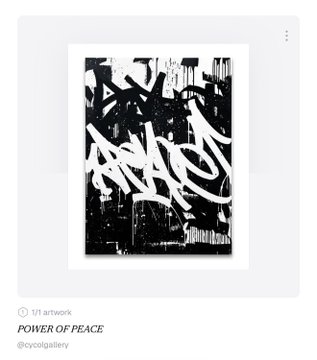 A social media post displaying a black and white graffiti-style artwork titled 'POWER OF PEACE' by the user @vycoigallery.