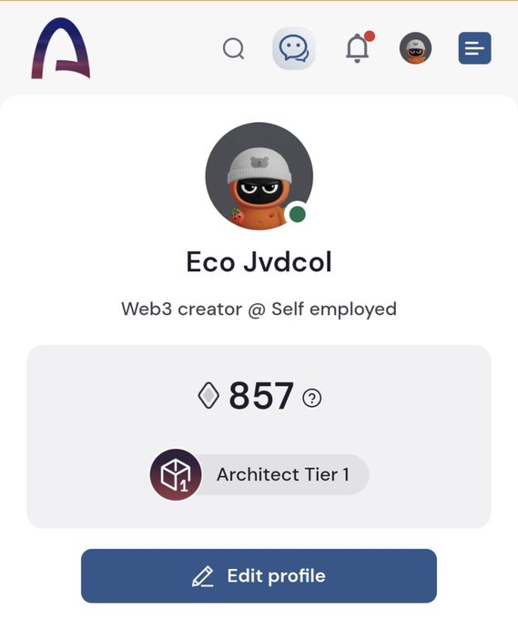 The image shows a profile screen for "Eco Jvdcol," a Web3 creator and self-employed user, displaying an Architect Tier 1 badge and a score of 857. The post celebrates reaching this Architect Tier 1 role on Arc, matching the tier badge and profile information shown.
