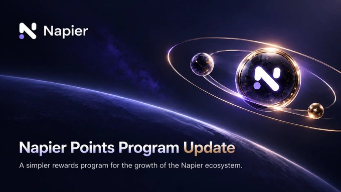 A Napier promotional graphic with a space-themed logo reads “Napier Points Program Update” and “A simpler rewards program for the growth of the Napier ecosystem.”