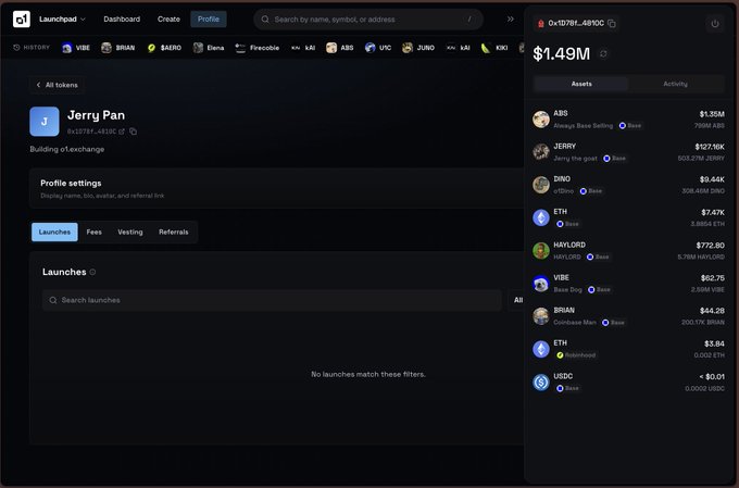 A screenshot of the O1 Launchpad platform showing Jerry Pan's profile settings page alongside a wallet displaying $1.49M in assets, including ABS ($1.358M), JERRY ($127.16K), DINO ($9.44K), ETH ($7.47K), and HAYLORO ($772.80), highlighting the launchpad interface that supports native staking of project tokens like $ABS.