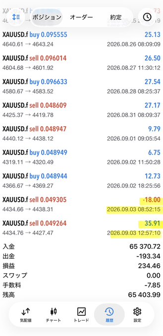 A Japanese trading app screen shows XAUUSD (gold) position history with buy/sell entries, totaling a 234.46 profit and a balance of 65,403.99.