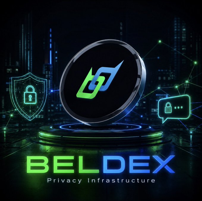 A promotional graphic for 'BEL DEX Privacy Infrastructure' featuring a circular metallic logo with green and blue interlocking shapes, flanked by shield and speech bubble icons with lock symbols against a dark cityscape background.
