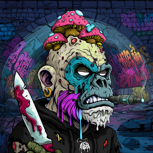 A vibrant, stylized illustration of a zombie character with mushrooms growing from its head, blue dripping paint on its face, a gold earring, holding a bloody knife in a graffiti-covered urban setting.