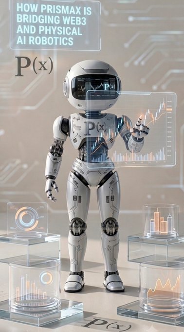 A futuristic white humanoid robot standing among holographic data displays, with text reading 'HOW PRISMAX IS BRIDGING WEB3 AND PHYSICAL AI ROBOTICS' alongside P(x) symbols.