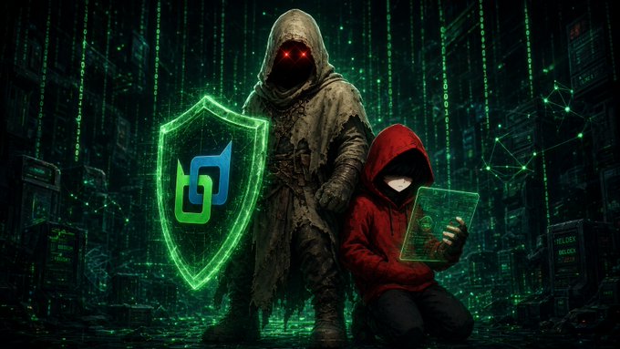 A dark, digital-themed illustration featuring a hooded figure with red glowing eyes standing behind a child in a red hoodie who holds a transparent digital tablet, alongside a glowing green shield logo in a Matrix-style digital environment.