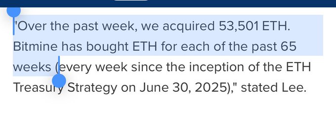A quote about Bitmine acquiring 53,501 ETH over the past week, marking 65 consecutive weeks of purchases since the inception of their ETH Treasury Strategy on June 30, 2025, attributed to 'Lee'.