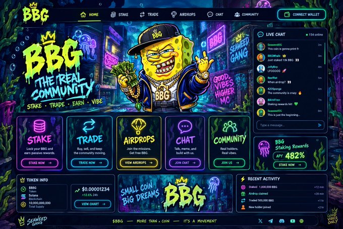 A vibrant, neon-styled website for "BBG - THE REAL COMMUNITY" features a cartoon character mascot and navigation buttons for Stake, Trade, Airdrops, Chat, and Community, with a token price of $0.00001234.