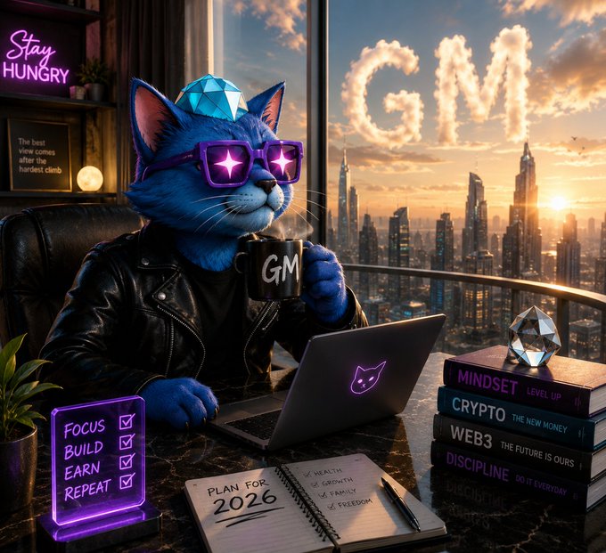A blue cat wearing sunglasses and a leather jacket sits at a desk with a laptop and a coffee mug reading 'GM', with neon signs displaying 'Stay HUNGRY' and a checklist reading 'FOCUS, BUILD, EARN, REPEAT' next to a notebook labeled 'PLAN FOR 2026'.