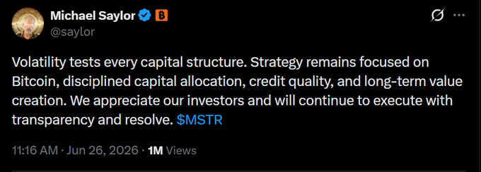 Michael Saylor (@saylor) posted a tweet emphasizing that volatility tests capital structures, reaffirming Strategy's focus on Bitcoin ($MSTR), disciplined capital allocation, credit quality, and long-term value creation. The post relates to the image by visually presenting Saylor's statement that reinforces the company's commitment to Bitcoin despite market fluctuations.