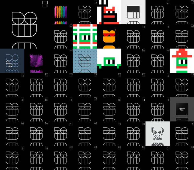 A grid of various pixel art and digital icons on a black background, including a green and red patterned character, abstract shapes, and UI elements.