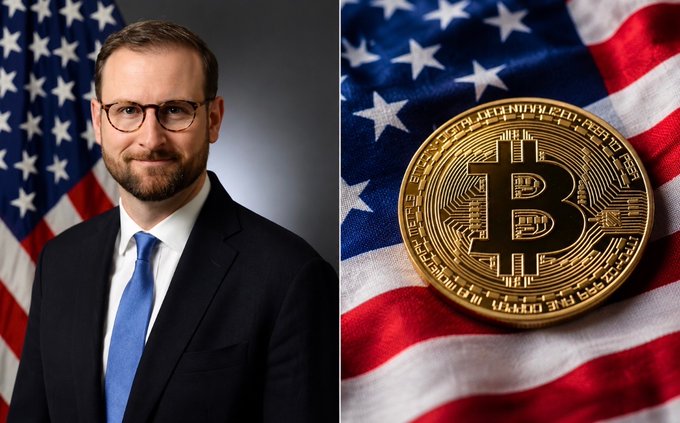 The image is a split composition showing a White House official (likely Patrick Witt) on the left and a Bitcoin coin resting on an American flag on the right, visually connecting the political context of the CLARITY Act to cryptocurrency regulation.