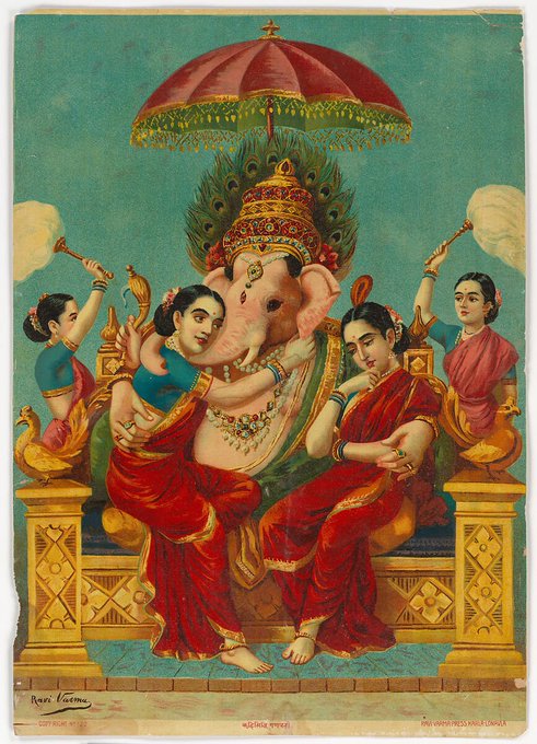 A traditional poster of the Hindu deity Ganesha seated on a throne under a red and gold umbrella, flanked by two female figures in red saris and two attendants.