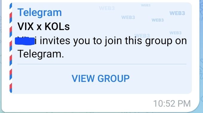 A Telegram notification card stating 'VIX x KOLs' group invite, with a 'VIEW GROUP' button and WEB3 watermarks in the background.
