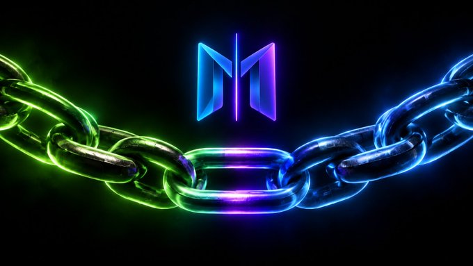 A dark background features a glowing metallic chain with neon green and blue lighting, centered around an illuminated logo resembling an 'M' or '1'.