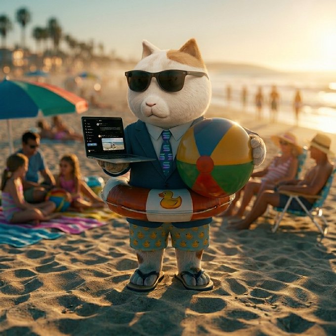 A cartoon cat in a business suit and sunglasses holds a laptop displaying a Solana trading chart while clutching a beach ball and wearing a duck-patterned inner tube, perfectly capturing the playful "$KET never stop clicking" summer crypto vibe.