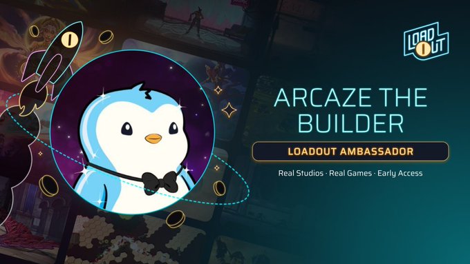 Promotional graphic for 'Arcaze the Builder' featuring a cartoon penguin in a space helmet, labeled as a 'Loadout Ambassador' for Loadout game by Real Studios.