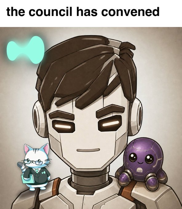 A digital illustration of a robot with glowing eyes and headphones is shown with two small creatures—a cat in a suit and a purple spider-like character—perched on its shoulders, under the text 'the council has convened'.