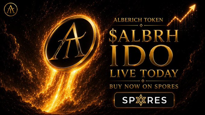 The Alberich Token ($ALBRH) IDO is live today, with a purchase option on Spores, showcasing a golden coin with an upward-trending graph indicating growth.