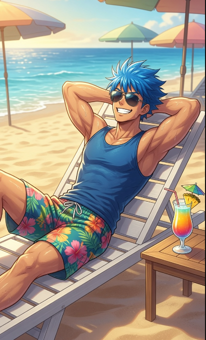 An anime-style illustration of a blue-haired man in a tank top and floral shorts lounging on a beach chair under colorful umbrellas, with a tropical cocktail beside him.