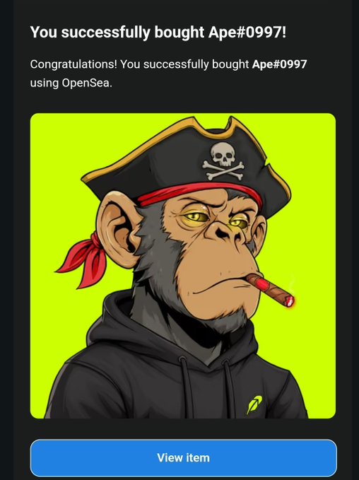 A screenshot of an OpenSea purchase confirmation stating "You successfully bought Ape#0997!" featuring a cartoon monkey in a pirate hat smoking a cigar, representing the user's win from the @TheSuitedApes WETH lottery.