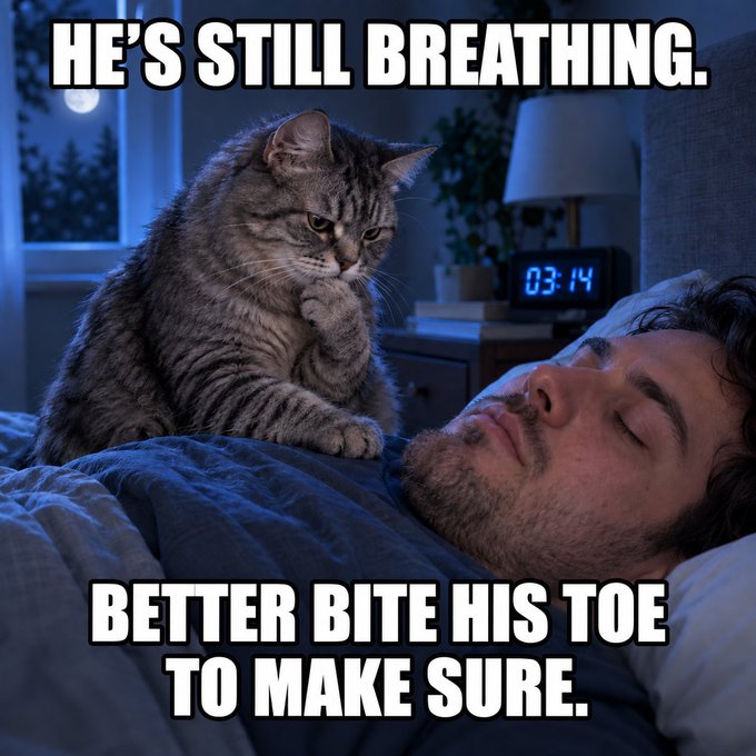 A humorous meme showing a tabby cat intently watching a sleeping man in bed at night, with text reading "HE'S STILL BREATHING. BETTER BITE HIS TOE TO MAKE SURE."
