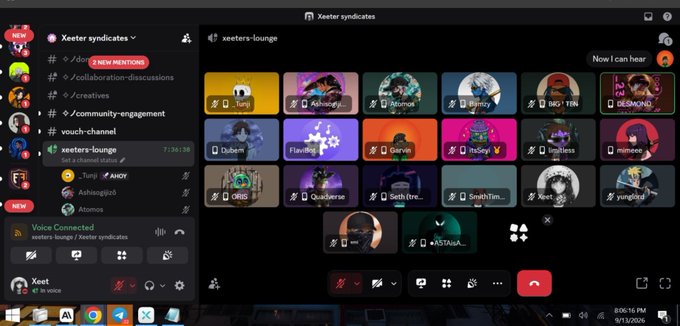 A Discord voice channel named 'xesters-lounge' is shown on screen, featuring a grid of user profile pictures with names like 'Tang', 'Ashinagi', 'Atomok', 'B4ncy', and 'BIG TEN' visible, alongside various text and notification channels.