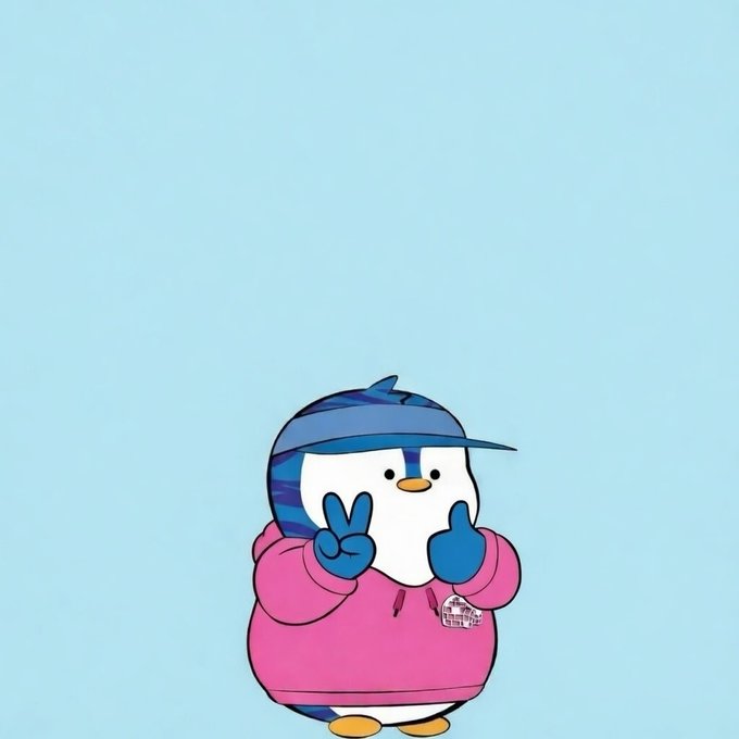 A cartoon penguin character wearing a blue visor and pink hoodie, making peace/victory signs with both flippers, set against a light blue background.