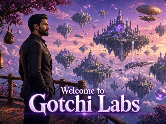 A fantasy promotional image showing a man in a suit looking out over floating castle islands in a cloudy sky, with the text 'Welcome to Gotchi Labs'.