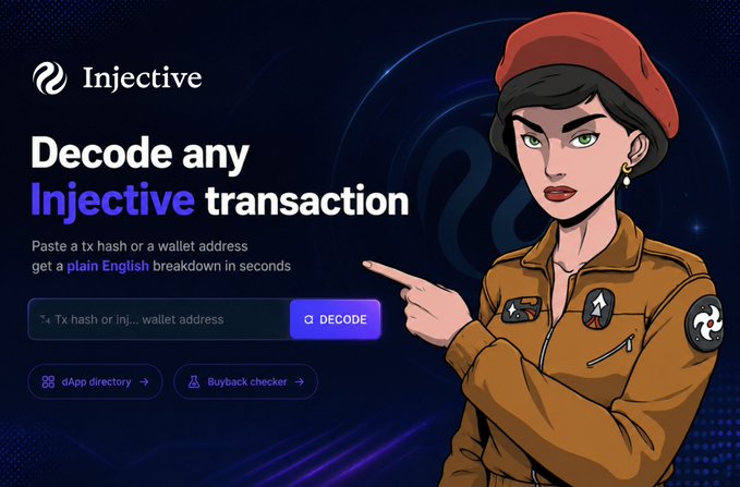 An Injective blockchain advertisement reading 'Decode any Injective transaction' with an illustrated female character in a red beret pointing at the text.
