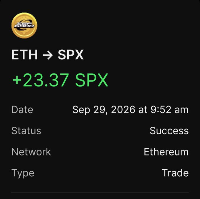 A cryptocurrency transaction confirmation showing a successful trade converting ETH to SPX for +23.37 SPX on the Ethereum network, dated Sep 29, 2026.