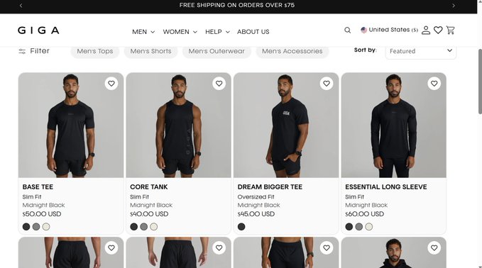 A screenshot of the GIGA men's apparel website displaying four black clothing items: BASE TEE, CORE TANK, DREAM BIGGER TEE, and ESSENTIAL LONG SLEEVI, priced between $40-$60 USD.