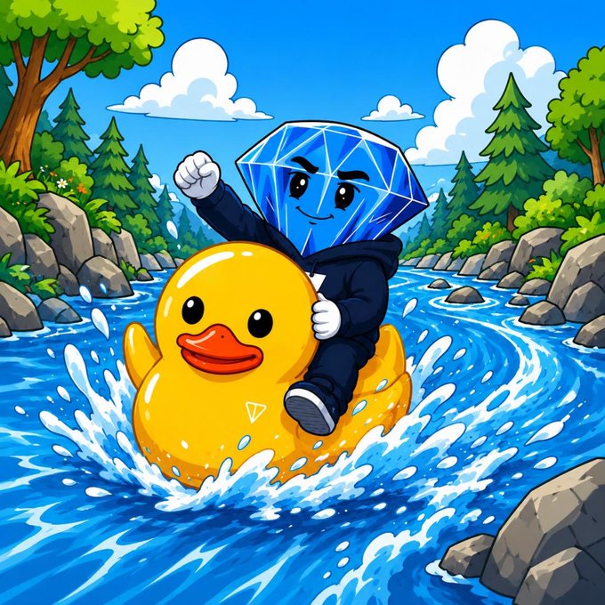 The image features a cartoon character, likely a duck or a frog, riding on top of a river surrounded by rocks. The character appears to be wearing a black jacket with a diamond pattern on it. In the background, there are trees and mountains that add depth to the scene. The caption for this image reads: "I’ve been saying it for months now $TON chain will lead the next meme coin cycle once major players perform very strong".